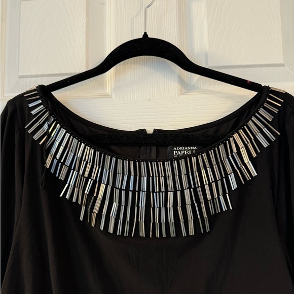Adrianna papell black beaded 3/4 Sleeve  Evening Bodycon Dress Stretchy 16 - Picture 4 of 15